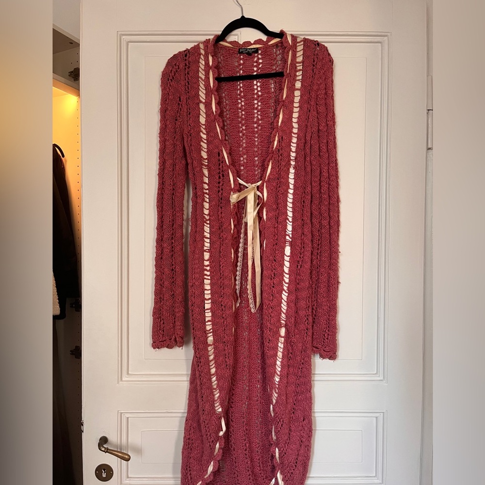 Betsey Johnson Vintage Pink Long Cardigan with Lace Ribbon Crochet Knit